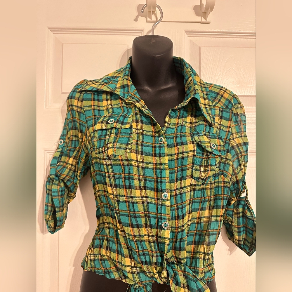 Green and Yellow 3/4 Sleeve Crop Button Down Shirt